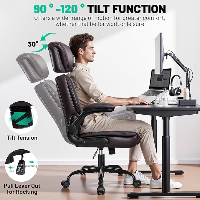 BestGlory Ergonomic Office Chair, PU Leather High Back Desk Chair with Adjustable Headrest and Padded Flip-Up Arms, Lumbar Support Computer Chair for Home Office Gaming, Coffee