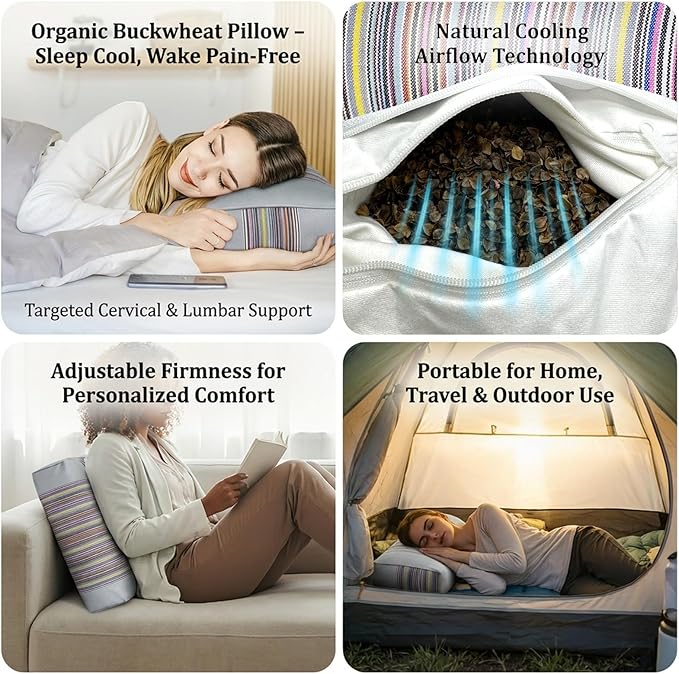 Adjustable Buckwheat Hull Pillow for Neck Pain Relief (21x8x4in) Natural Cooling Cervical Support Organic Pillow for Side & Back Sleepers with Night Sweats (Grey)