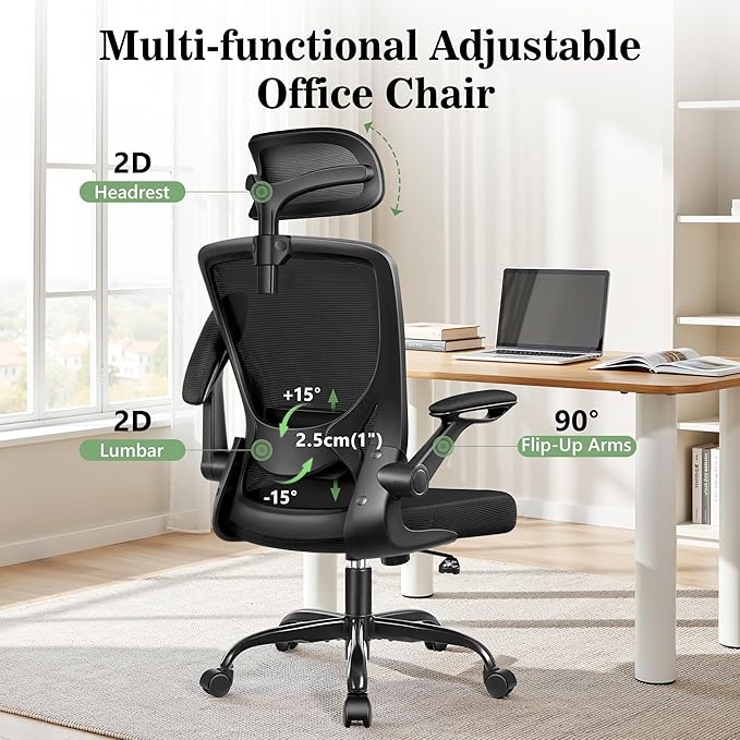 BESTFAIR Office Chair Ergonomic Desk Chair, Breathable Mesh Office Chairs with Adjustable Lumbar Support, Flip-Up Arms, Computer Desk Chair Comfy for Home Office, 4 Pack