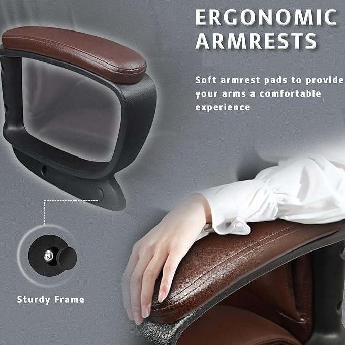 LEMBERI Office Desk Chair, Managerial Executive Chair, High Back Computer Chair, Ergonomic Height Adjustable PU Leather Chairs with Cushions Armrest for Long Time Sitting (Brown)