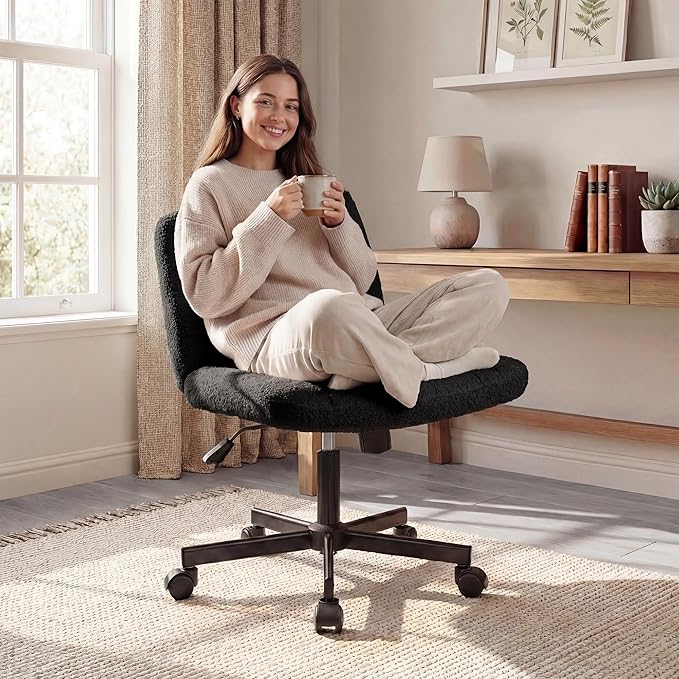 Orange Factory Criss Cross Chair Wheels Vanity Chair Office Desk Comfy Wide Cross Legged Armless Teddy Fabric Adjustable Swivel for Home Computer Task (Black, Teddy Fleece)