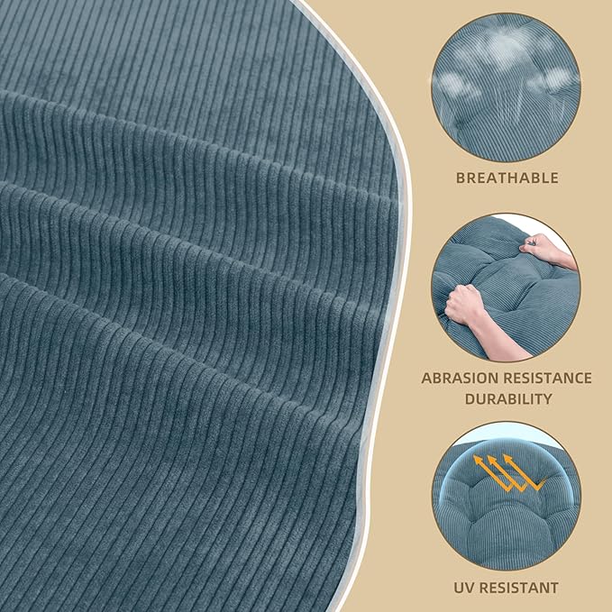 Rocking Chair Cushion - Corduroy Fabric, High-Density Sponge, Durable Comfort Non-Slip Bottom Tufted Seat Pads with Ties, Corduroy︱Blue, 44x19x4 inch