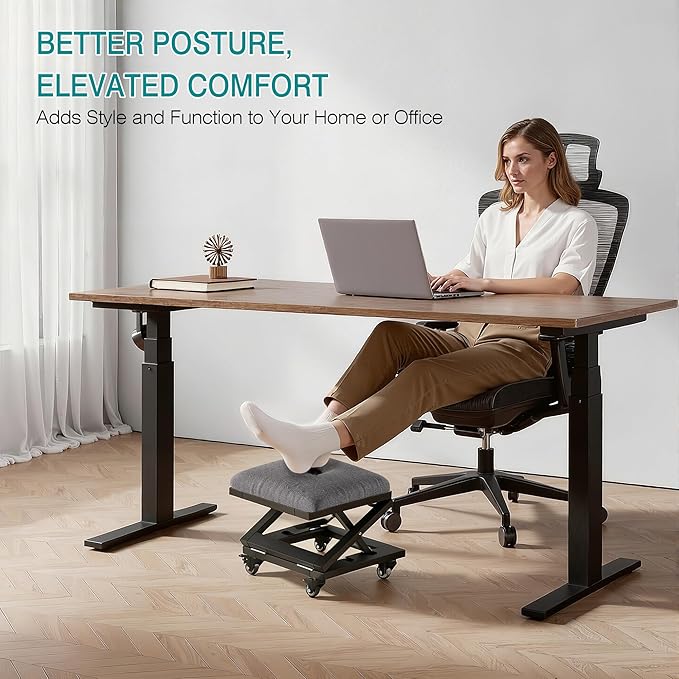 VECELO Foot Rest Under Desk at Work, Height Adjustable Rolling Foot Stool with Wheels, Cushioned Seat for Living Room, Bedroom, Home Office