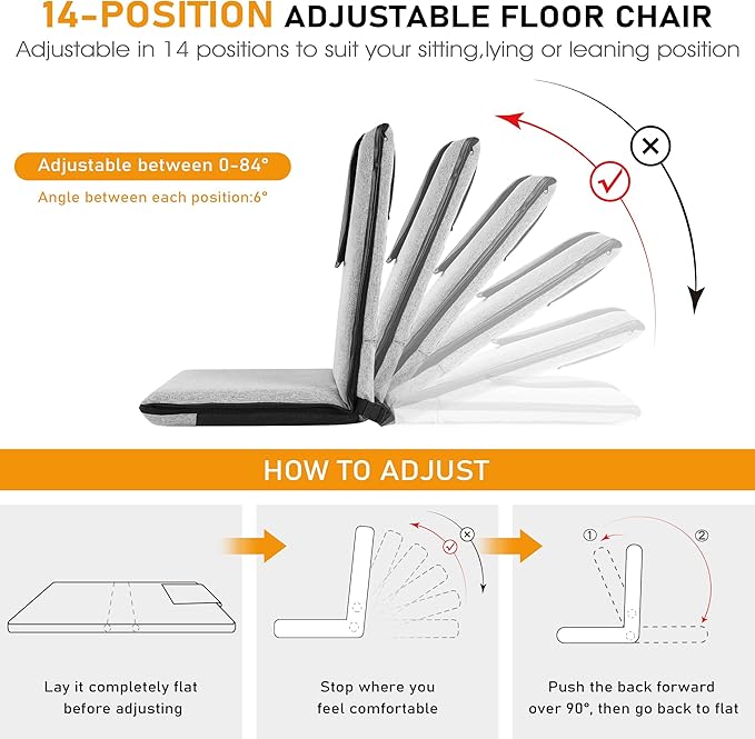 FASTMOMENT Floor Chair with Water Repellent Fabric 14-Position Adjustable Floor Chair with Back Support Portable Ground Seating for Adults Foldable Meditation Seat with Washable Cover (Light Grey)