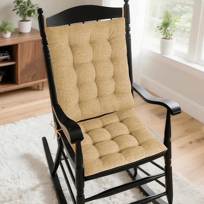 AddGrace Rocking Chair Cushions Indoor Tufted Cushions for Rocking Chairs with Ties Comfortable Textured Fabric Set of Seat & Back Cushion 21x17/17x17 Khaki