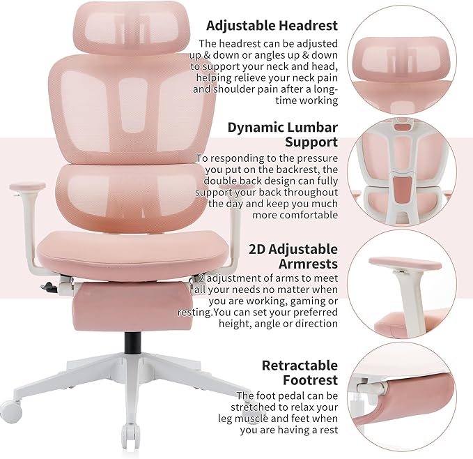 Ergonomic Office Chair with Footrest, 90-135° Reclining High Back Desk Chair with Lumbar Support, 2D Headrest, 2D Armrests, Computer Chair for Long Hours, Pink