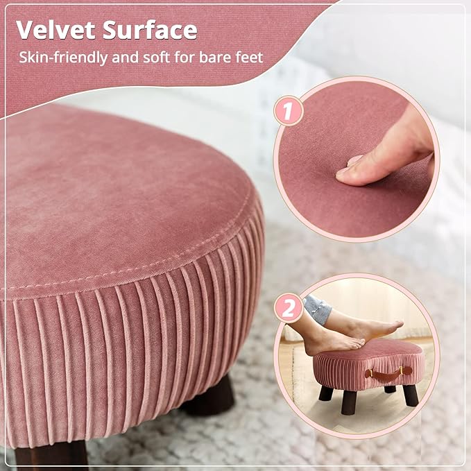 LUE BONA Small Curved Foot Stool with Handle, Pink Velvet Footstool and Ottomans, Modern Foot Rest with Wooden Legs, Step Stool with Padded Seat for Couch, Living Room