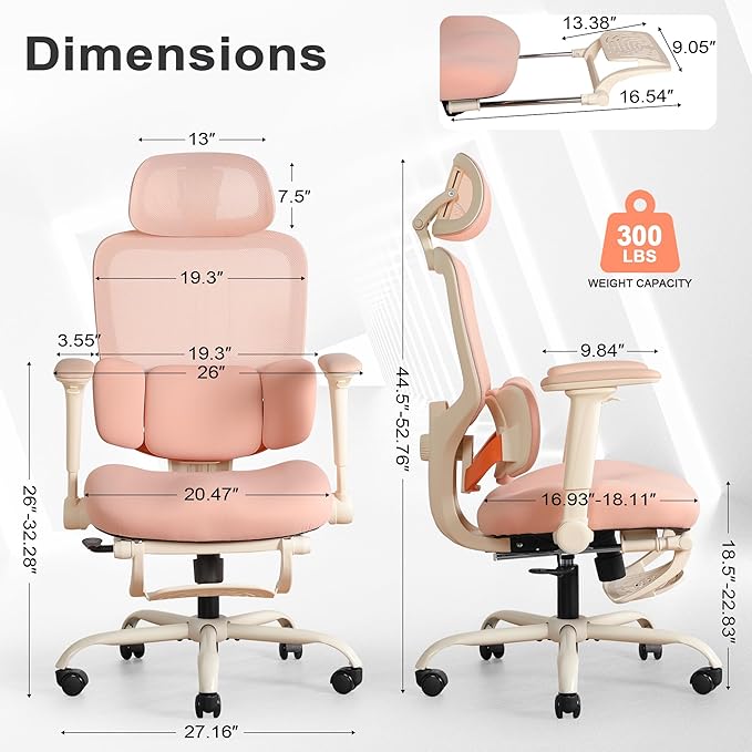 Ergonomic Office Chair with 4D Flip-Up Arms & Footrest, Mesh Desk Gaming Chair with 3D Headrest & 2D Floating Wing Lumbar Support, High Back Computer Chair for Home Office Vanity, Pink