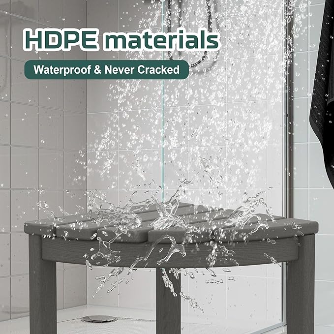 Corner Shower Stool for Inside Shower, HDPE Waterproof Shower Bench Seat Chair, Plastic Bath Shower Stool for Shaving Legs Foot Rest with Storage Shelf, Adjustable & Non-Slip Feet, Grey