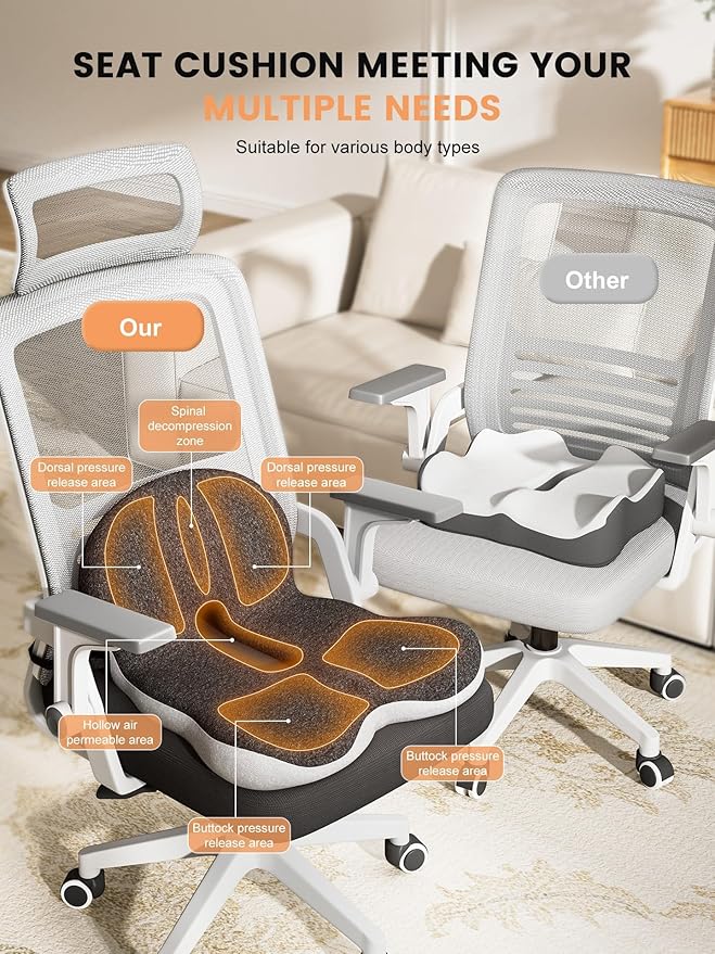 Office Chair Seat Cushion for Long Sitting Workers - L-Shaped Ergonomic Memory Foam with Tailbone Support & Adjustable Strap