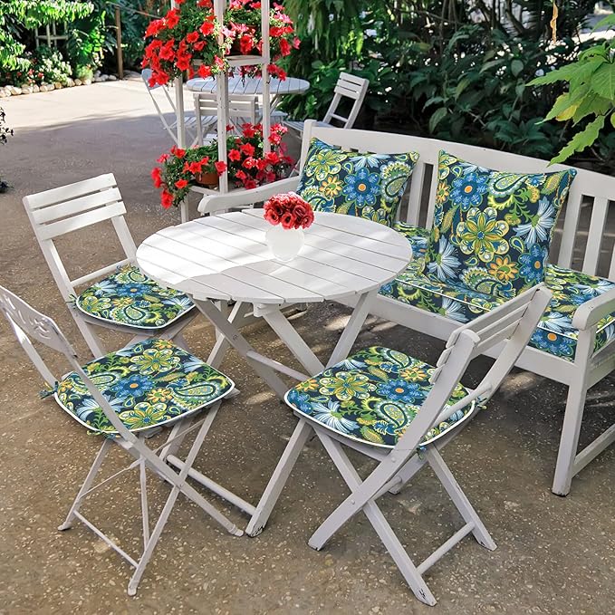 DYTXIII Set of 4 Outdoor Chair Cushions with Ties,Water Repellent Patio Chair Pads 17"x 16" for Outdoor Furniture,Round Corner Seat Cushions for Garden Yard Kitchen Flower Child