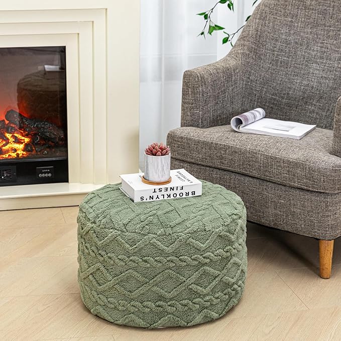 Poofieotto Round Pouf Ottoman Stuffed 20x12 Inches Floor Pouf Chair for Living Room Bedroom Modern Foam Pouf Ottoman Foot Rest for Couch Home Decor Pouffe Sage Green