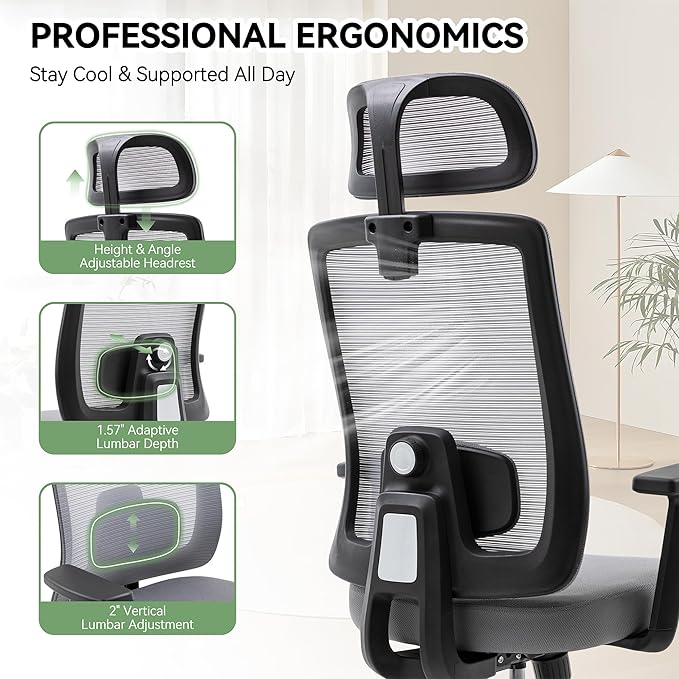Ergonomic Office Chair, Office Desk Chair with High Back Mesh and Adjustable Lumbar Support, Rolling Work Chairs with Wheels and Adjustable Headrests, Wide Cushion, Grey