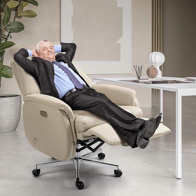 ECOTOUGE Electric Office Chair with USB Charging, Recliner Executive Office Chair with Footrest, Big and Tall High-Back Desk Chair, 400LBS Weight Capacity, Microfiber, Beige