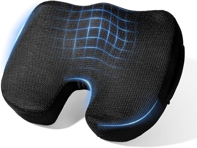 Memory Foam Car Seat Cushion, Non Slip Ergonomic Cushion for Office Chairs, Cars, Desk, Gaming & Wheelchair, Breathable Mesh Pad for Tailbone Pain Relief, Sciatica & Back Support, Black