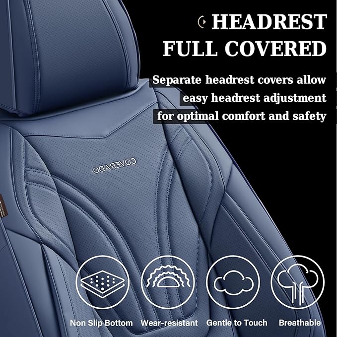 Coverado Car Seat Covers Full Set, 5 Piece Car Seat Protector with Lumbar Support & Removable Headrest, Breathable Leather Front Rear Seat Cushion Universal Fit for Truck Automotive Blue
