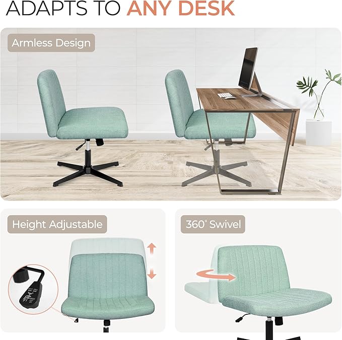 Orange Factory Criss Cross Chair No Wheel Wide Cross Legged Office Desk Vanity Chair Comfy Fabric Armless Adjustable Swivel for Home Computer Task (Mint No Wheel, Classic Fabric)