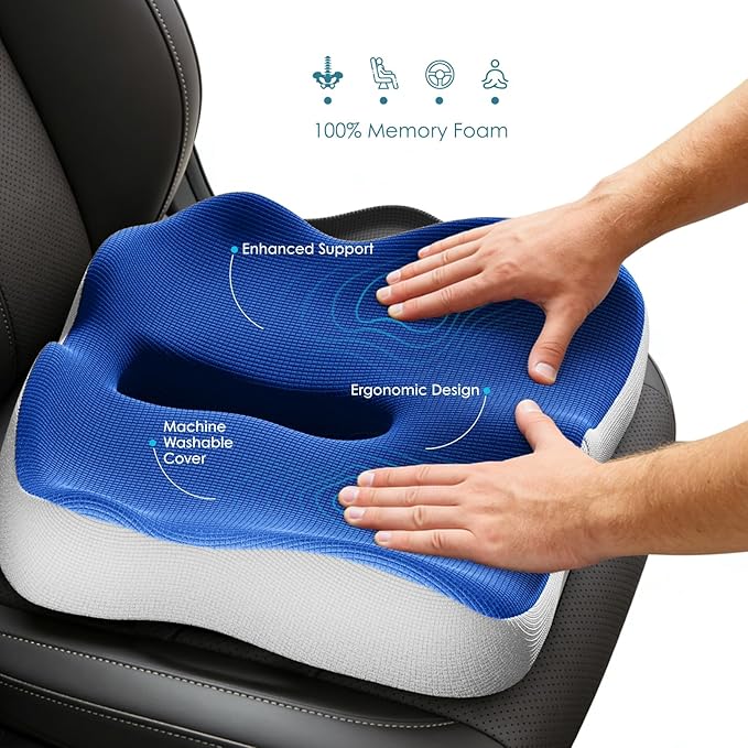 Car Seat Cushion, Extra Large Memory Foam Cushion with Adjustable Strap for Truck Drivers & Long Driving, Orthopedic Sciatica and Tailbone Pain Relief, Comfort Support for Travel Essentials
