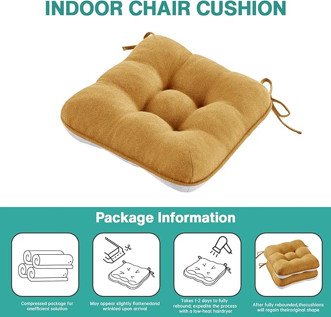 BETU Chair Cushions for Dining Chairs Set of 4,3.5" Thick Kitchen Table Chair Pads with Ties,Non Slip Backing and Covers, Seat Cushion for Dining Room,Bar,Patio Chairs,15.5"X15.5"X3.5",Yellow