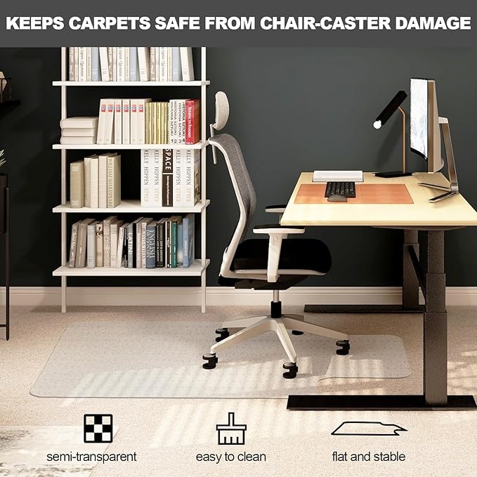 Chair Mat for Carpet- Low Pile (1/4" Thick) Carpet Protector for Office Gaming Computer Desk Chair. Heavy Duty Desk Chair Mat for Carpeted Floors, Semi Transparent