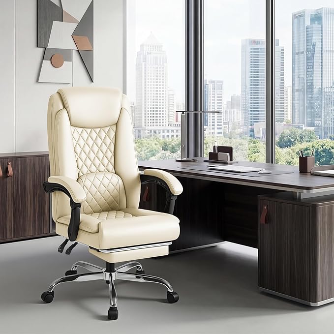 Shahoo Big and Tall Office Chair Height Adjustable Faux Leather Chair with Footrest and Lumbar Support, Ergonomic High Back Computer Chair with 360° Swivel Wheels Task Chairs for Office Home, Beige