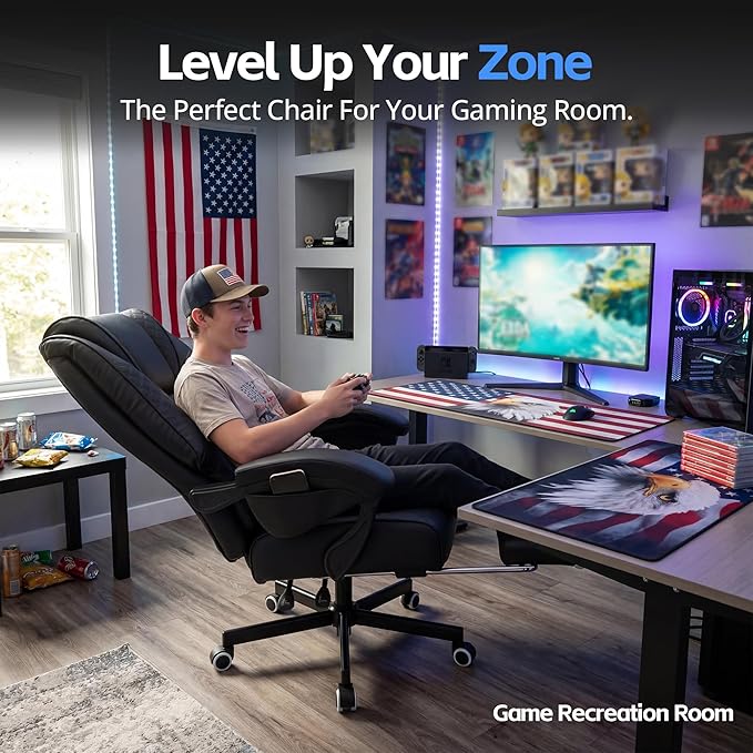 Ergonomic Gaming Office Chair for Adults, Big and Tall Heavy Duty Computer Desk Chair, High Back Video Game Chair with Footrest, Comfortable Leather Home Wide Gamer Chair with Lumbar Support (Black)