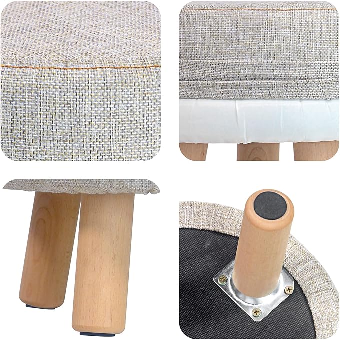 H&B Luxuries Fabric Round Padded Ottoman Foot Rest Stool (4 Legs-Simple Linen)