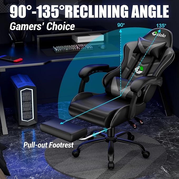 Czlolo Gaming Chair with Footrest Racing Style Lumbar Support Massager Video Game Chair with Metal Legs, High Back Reclining Gamer Chair with Headrest, 360° Swivel Office Computer Desk Chair (Gray)