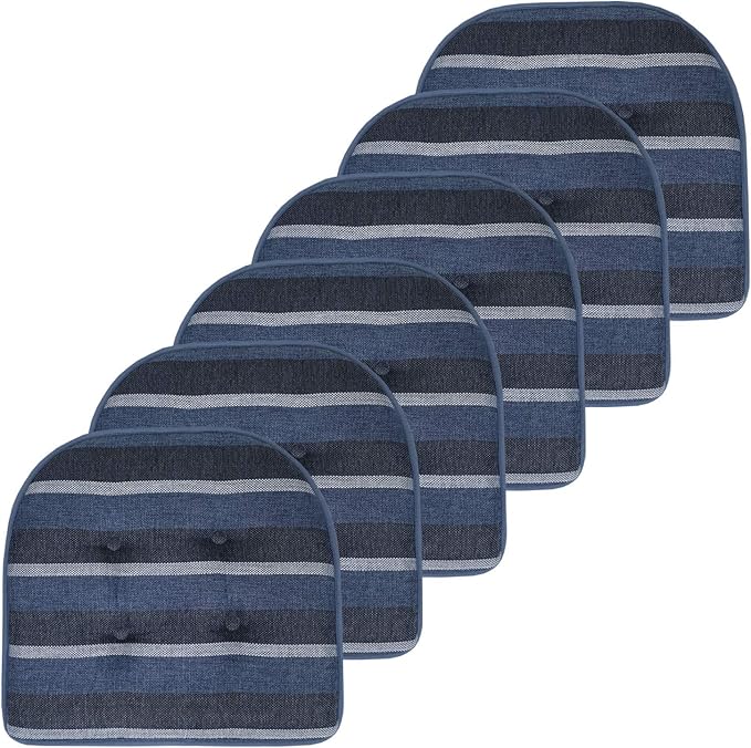 Sweet Home Collection Chair Cushion Memory Foam Pads Tufted Slip Non Skid Rubber Back U-Shaped 17" x 16" Seat Cover, 6 Count, Bradford Steel Blue (Pack of 2, 12 Count Total)