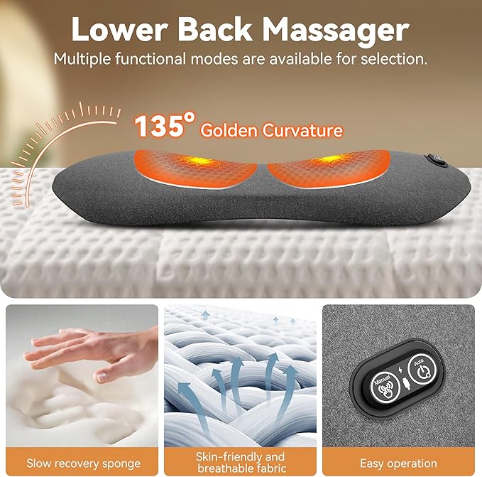 3in 1 Smooth Spine Triple Fusion Back Massager Electric Lumbar Support Pillow withHeat, Vibration & Adjustable Traction -Memory Foam Back Massager for Lower BackPain Relief