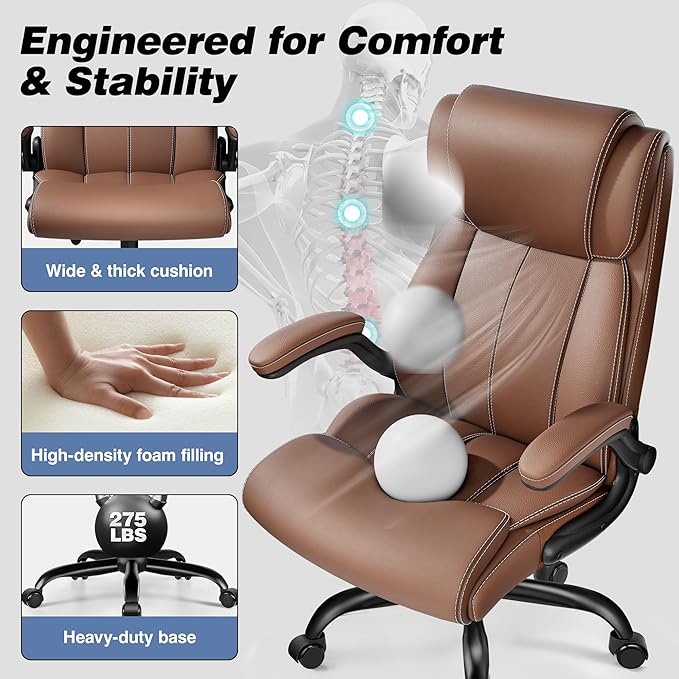 BESTFAIR Ergonomic Office Chair - Home Desk Computer Chair, Leather High Back Executive Chairs with Adjustable Lumbar Support & Flip-up Arms, Rocking Swivel Comfy, Brown