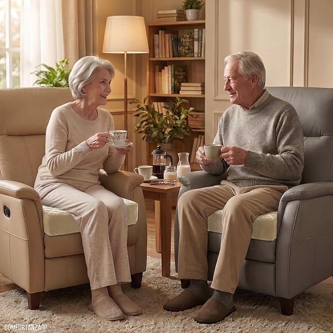 Soft 20x20x5 Memory Foam Recliner Chair Seat Cushion for Long Sitting - Armchair Pad with Washable Velvety Cover & Non-Slip Base for Seniors & Elderly - Cream