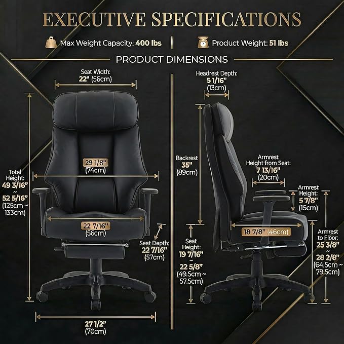 Big and Tall Office Chair 400lbs, Premium PU Leather Executive Chair with Extra Wide Saddle Seat for Cross Legged, 3D Armrests, Footrest, Heavy Duty Ergonomic Reclining Desk Chair (Black)
