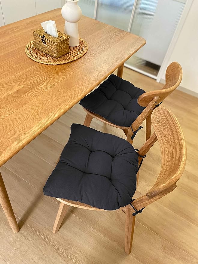 Chair Cushion, Chair Cushions for Dining Chairs, Chair Pads and Mat with Ties for Indoor Kitchen Seat and Desk (Black, 4 Count - 17 x 16 in)