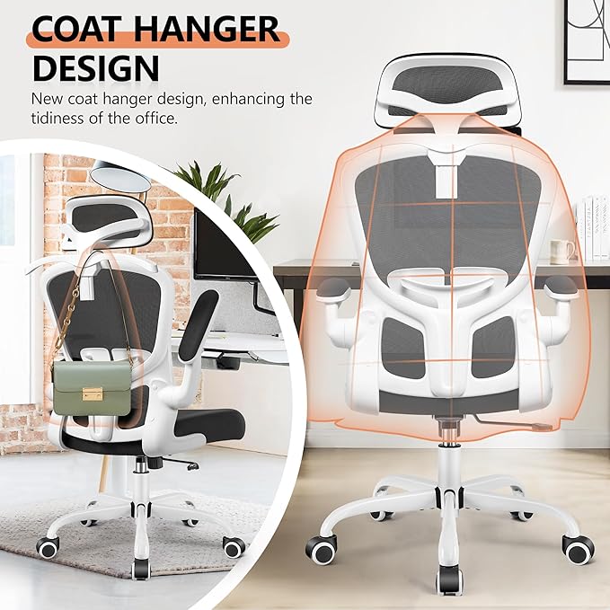 FelixKing Office Chair with Headrest, Ergonomic Desk Chair with Wheels, Task Swivel Comfy Chair with Adjustable Lumbar Support, Breathable Mesh Computer Chair with flip-up Armrests (White)
