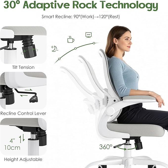 Office Chair Ergonomic Desk Chair - Mesh Comfy Home Desk Office Chairs with Wheels Adjustable Lumbar Support Flip up Armrest Executive Rolling Swivel Teacher Task Computer Chair Light Gray