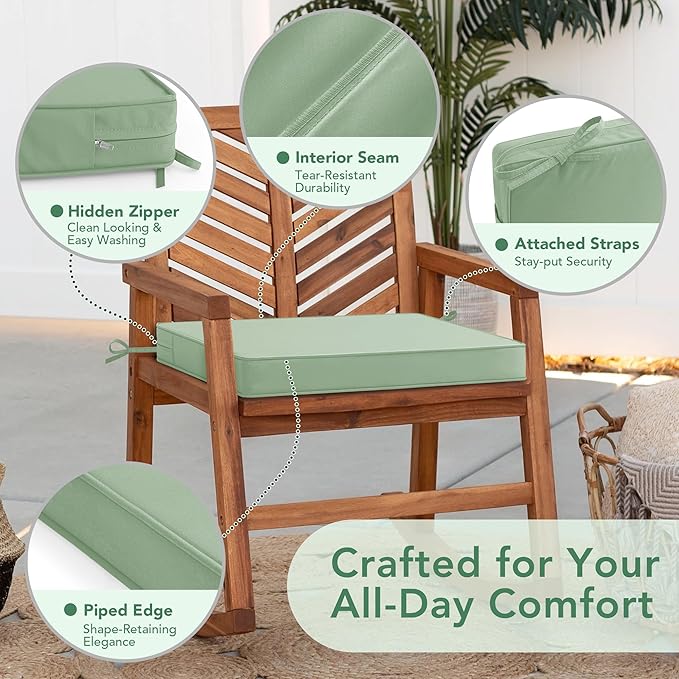 Outdoor Chair Cushions Set of 6: Waterproof & Color Fastness Seat Cushion for Patio Furniture - 22 x 22 x 3 Inch Chair Pads with Ties and Hidden Zipper - Patio Chair Cushion Replacement, Sage Green