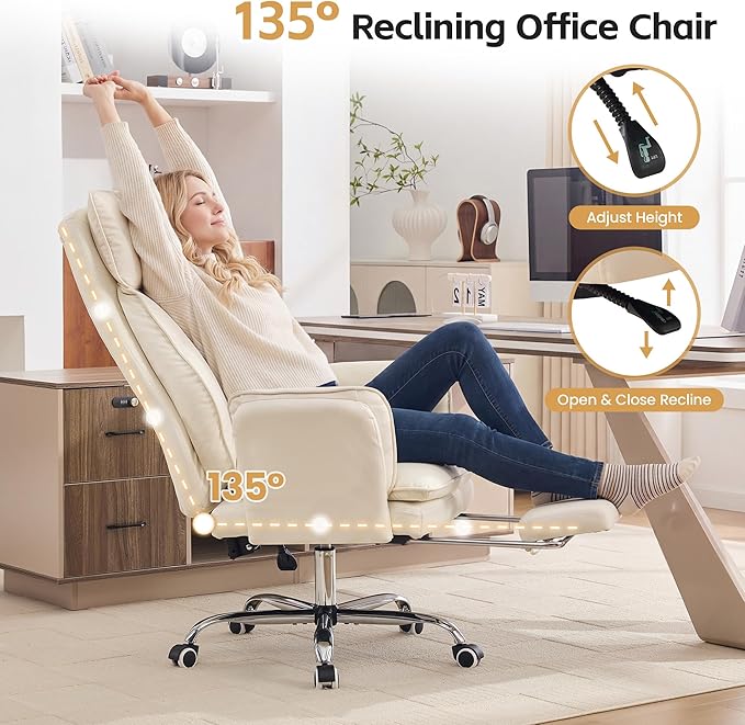 Big and Tall Office Chair, Cloud Reclining Office Chair with Footrest & Flip Armrest for Pets, Executive Ergonomic Criss Cross Desk Chair, Swivel Computer Gaming Chair with Lumber Pillow, PU Beige
