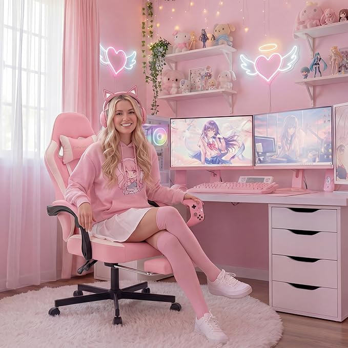 Desk Computer Gaming Chair - High Back Ergonomic Office Chair with Footrest and Lumbar Support, Swivel Comfy Home Gamer Video Game Chairs with Pocket Spring Cushion for Adults (Pink Leather)