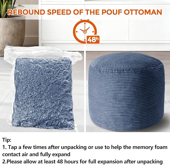 20" x 20" x 15" Pouf Ottoman Foot Rest, Pre-Stuffed Round Foot Stool with Odorless Shredded Memory Foam, Furry & Fluffy Corduroy Footrest for Living Room, Navy