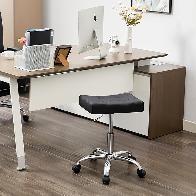 FIRAVOE Office Stool with Wheels (300lbs Capacity) (Adjustable Height 17-21 inch) Black Faux Leather Workbench Stool (Black)