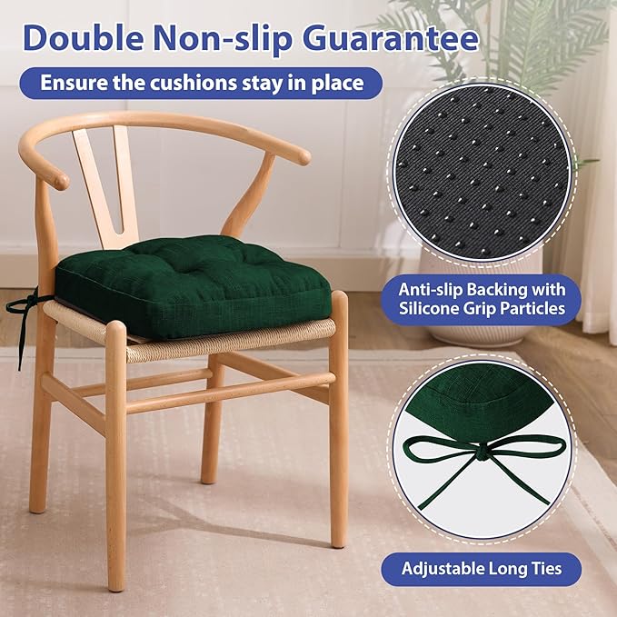 IASEAHK Chair Cushions for Dining Chairs, Dining Chair Cushions, Tufted Indoor Chair Pads with Ties & Non Slip Backing, Seat Cushions for Kitchen Chairs 16.5” x 16.5” x 3.5”, Set of 4, Green
