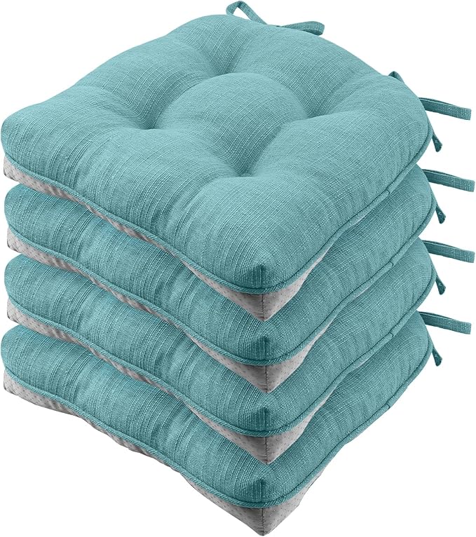 Wellsin Chair Cushions for Dining Chairs, Non-Slip Kitchen Chair Pads with Ties, Tufted Shredded Foam Kitchen Chair Cushions Set of 4, 15.5" X 15.5", Aqua Blue
