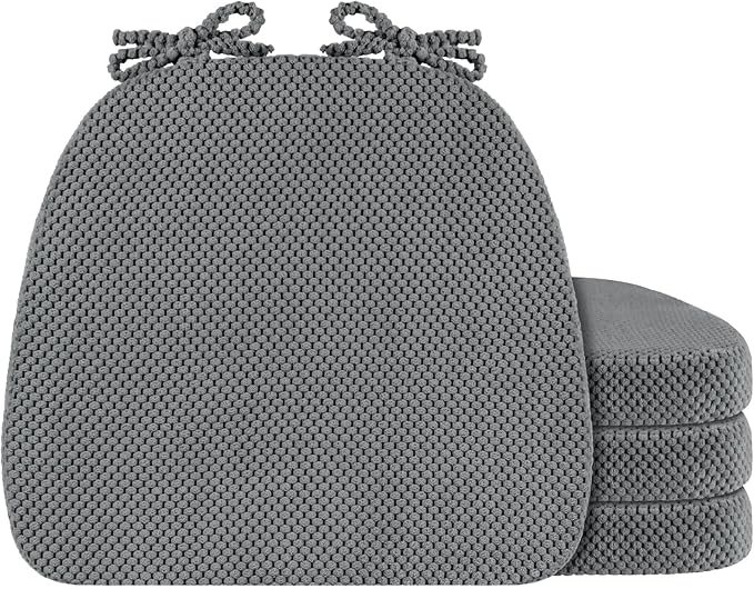 Dark Grey Chair Cushions with Ties Removable Covers, D Shape Foam Dining Kitchen Chair Seat Pads Non Slip 17"x16" Set of 4