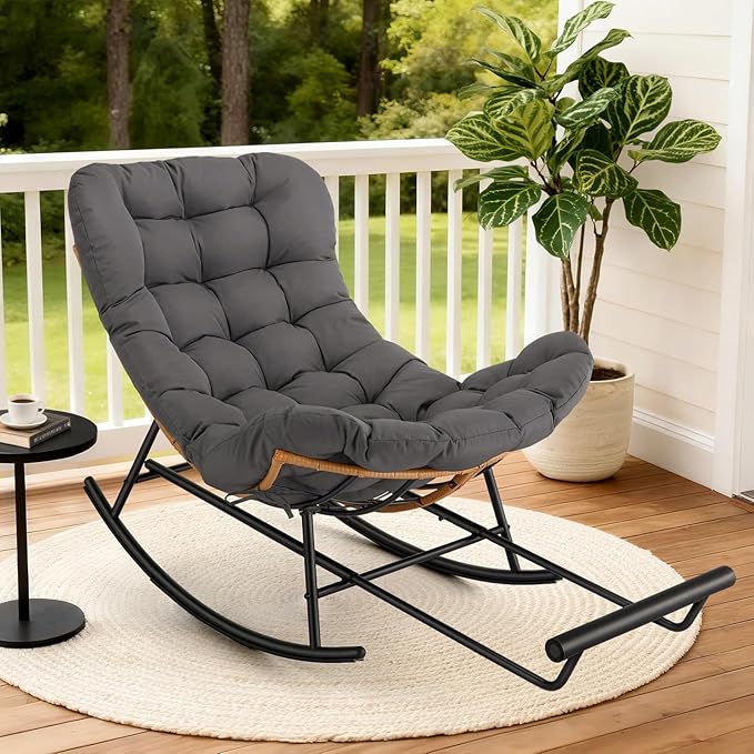 Jojoka Oversized Papasan Rocking Chair with Detachable Foot Rest, PE Rattan Rocker with Thick Removable Cushion, Metal Frame Lounge Chair for Indoor Outdoor Patio Garden Porch Living Room