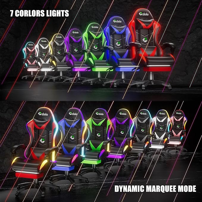 Czlolo Gaming Chair, Racing Style RGB LED Lights Gaming Chairs for Adults and Kids, Lumbar Massager Gamer Chair, High Back Reclining Computer Chair with Footrest and Headrest (Black/Green)