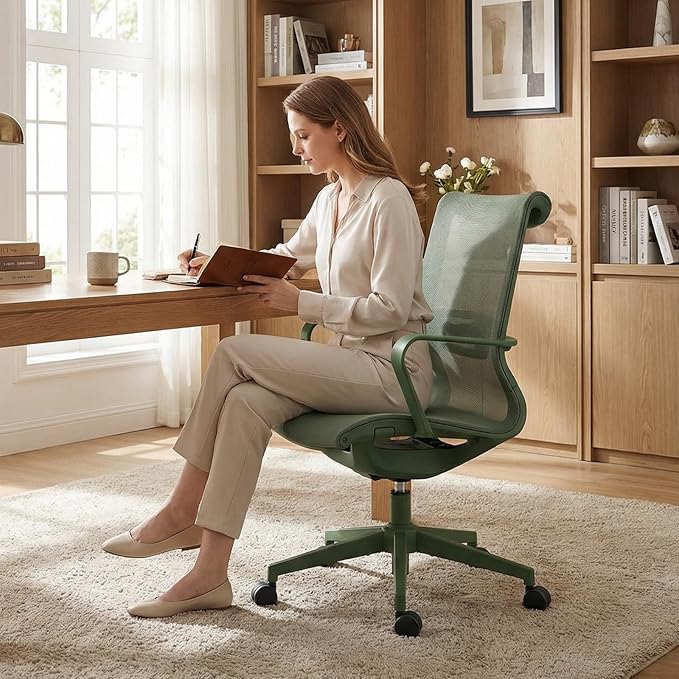 LuxErgo Ergonomic Mesh Office Chair, Mid Back Desk Chair with Lumbar Support & Armrests, Height Adjustable, 115° Recline, 360° Swivel Rolling Task Chairs for Home Office, Green