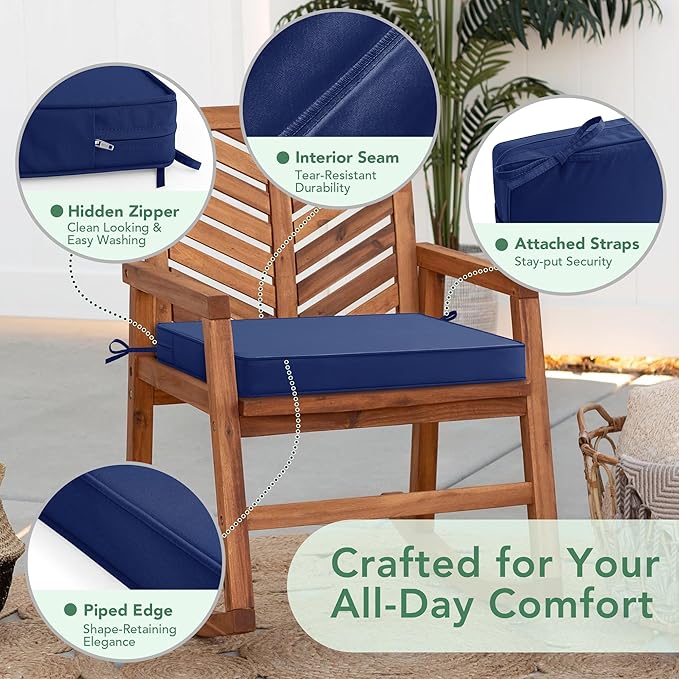 Outdoor Chair Cushions Set of 2: Waterproof & Fade Resistant Deep Seat Cushion for Patio Furniture - 24 x 24 x 3 Inch Chair Pads with Ties and Hidden Zipper - Patio Chair Cushion Replacement, Navy