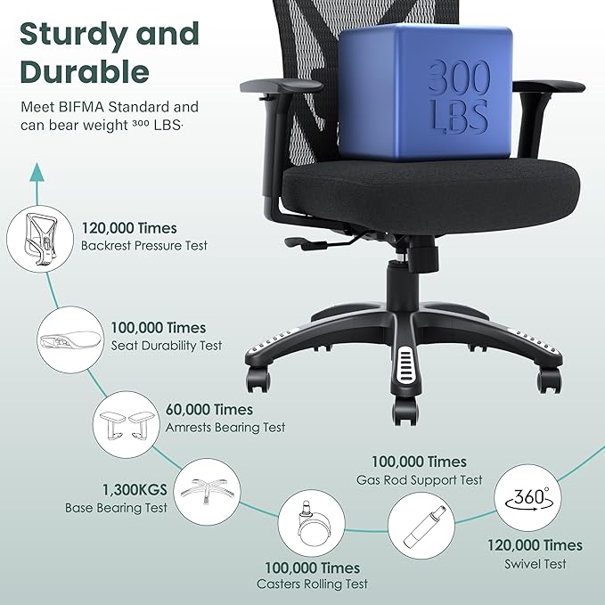 Ergonomic Office Chair, Mesh Computer Desk Chairs with Adjustable Lumbar Support, 3D Armrest, Tilt Function, Comfy Wide Seat, Executive Chair for Company & Home, Gaming Chair (Black Sponge Cushion)