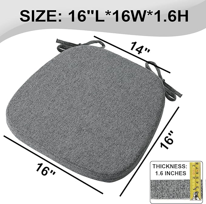 SINOSSO 6 Pack Memory Foam Chair Cushions for Dining Chairs, Friendly Woven Fabric 16" U-Shape Comfortable Kitchen Chair Pads, Removable Slip Resistant Seat Cushions (Set of 6, Dark Grey)